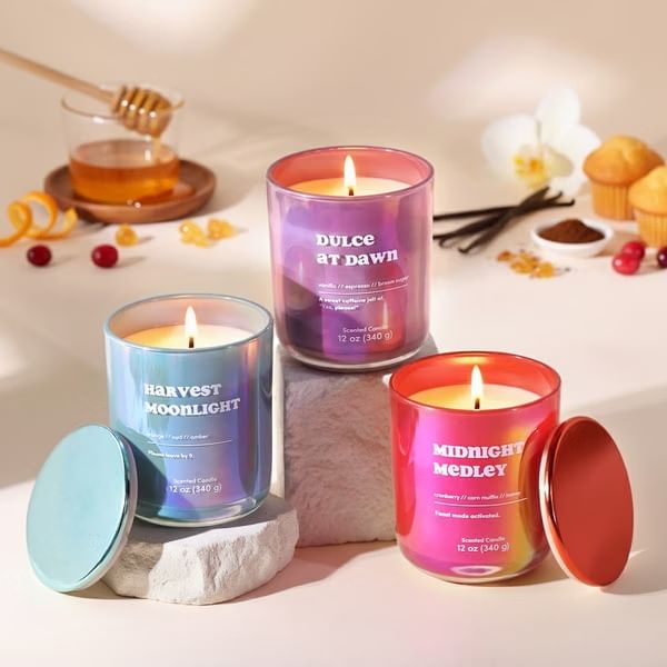 Trio of Scented Candles 340gms Harvest Moonlight,Dulce At Dawn & Midnight Medley