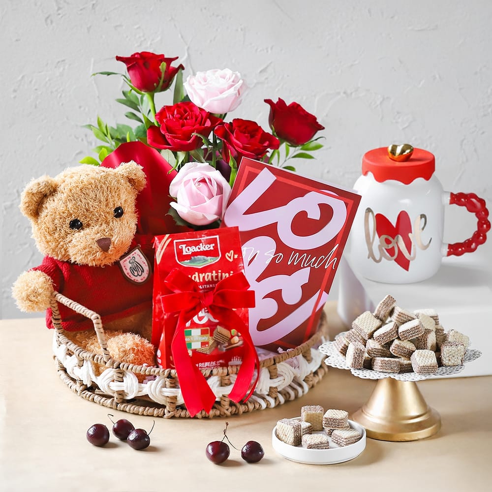 Roses And Teddy Valentine's Day Tray Hamper: Order Anniversary