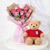 Pink Roses And Teddy For Valentine's Day