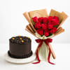 Romantic Red Roses and Chocolate Cake Combo