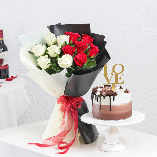 12 Roses Bouquet with Cake