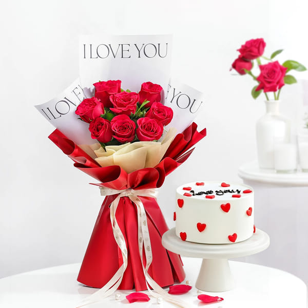 8 Red Roses Bouquet and Love You Cake Combo