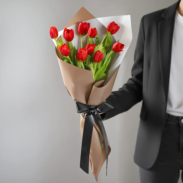 A Tulip Affair - 10 Red Tulips Floral Arrangement