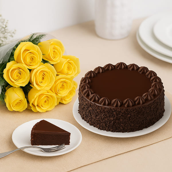 Chocolate Cake & Yellow Roses