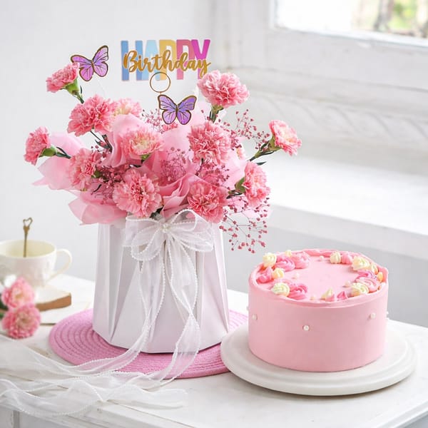 Coral Birthday Floral Arrangement & Cake Combo