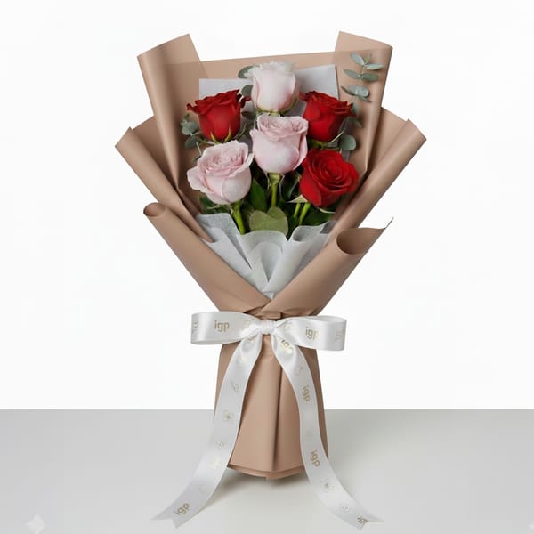 Elegant Red & Pink Rose Hand-tied Bouquet