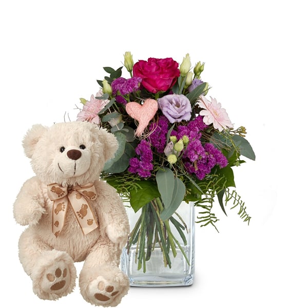 Fleurop Flower bouquet 'Sweet Bloom' with teddy bear 'Bianca