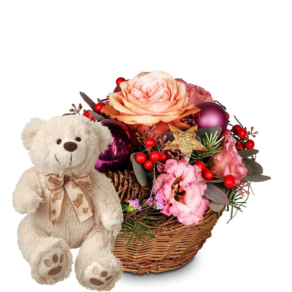 Flower arrangement 'Froehliche Weihnachtszeit' with teddy be