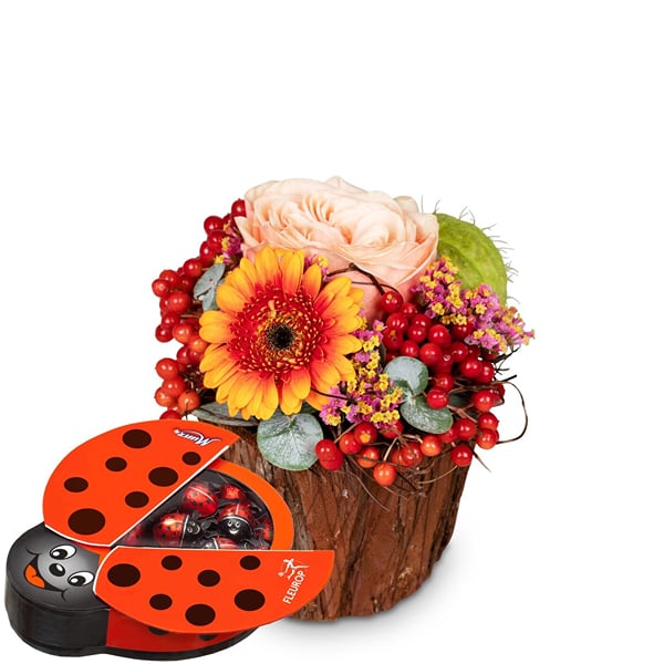 Flower arrangement 'Happy Surprise' with Munz chocolate lady