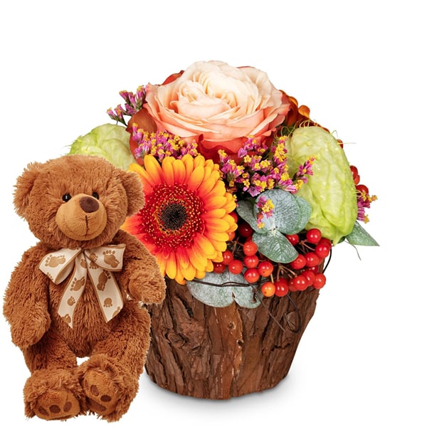 Flower arrangement 'Happy Surprise' with teddy bear 'Bruno'