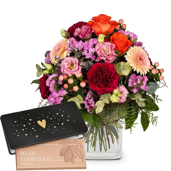 Flower bouquet 'Birthday' with Munz bar of chocolate 'Heart'