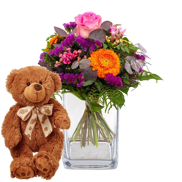 Flower bouquet 'Blossom Beauty' with teddy bear 'Bruno'