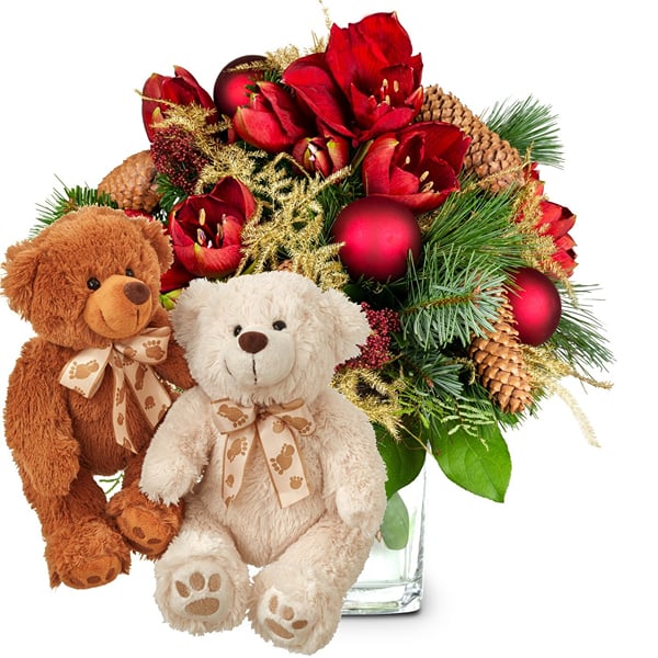 Flower bouquet 'Christmas' with two teddy bears 'Bianca Brun