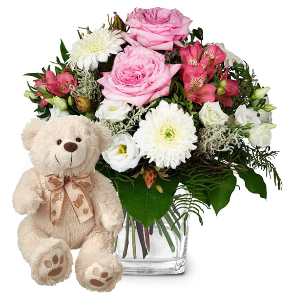 Flower bouquet 'Delicate Winter Romance' with teddy bear 'Bi