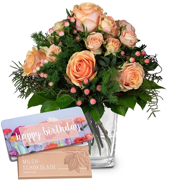 Flower bouquet 'Tender Winter Roses' with Munz bar of chocol