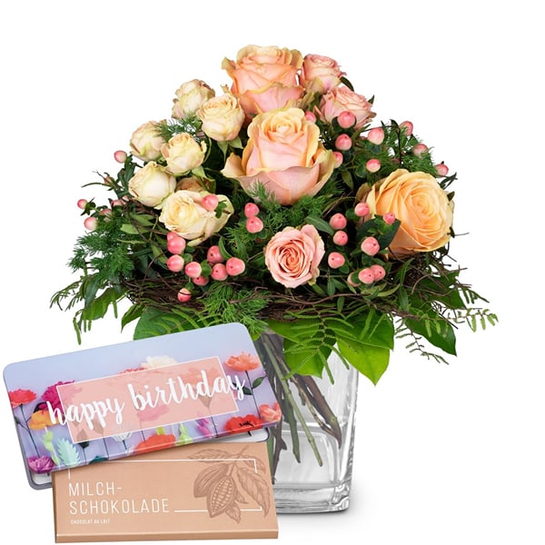 Flower bouquet 'Tender Winter Roses' with Munz bar of chocol