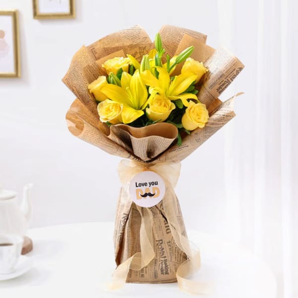 Love You Dad Yellow Rose And Lilly Bouquet