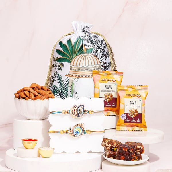 Peacock Charm Rakhi and Dry Fruits Hamper