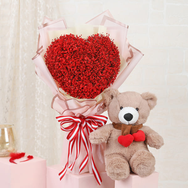 Red Baby's Breath And Teddy For Valentine's Day