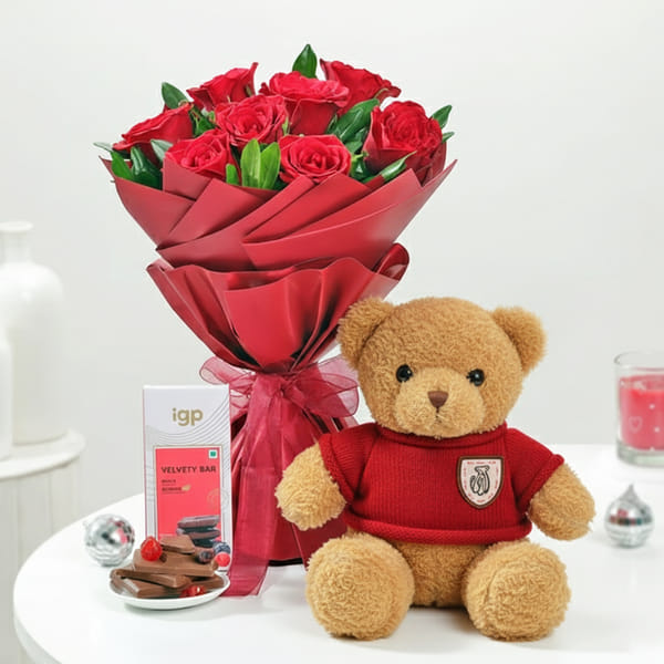 Red Rose Bouquet with Teddy Bear & Mixed Berries Chocolate
