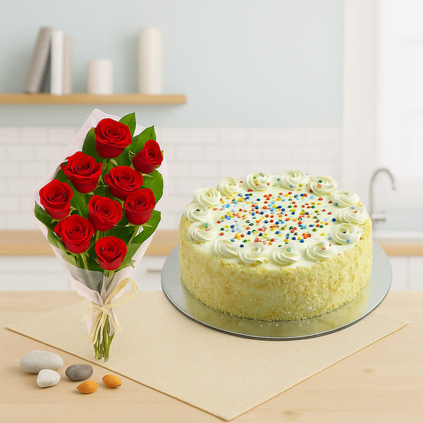 Vanilla Cake with 12 Red Roses