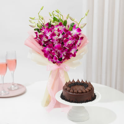 Decadent Chocolate Truffle Cake With Orchids Bouquet Combo: Order ...
