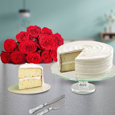 Vanilla Cake & Dozen Roses: Order Flowers Online | Interflora India ...
